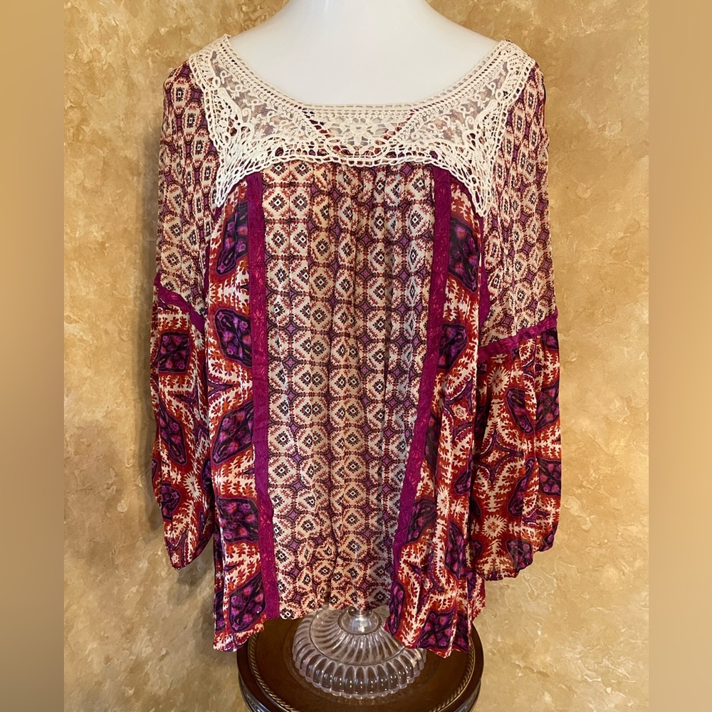 Bila Red and Purple Graphic Long Sleeve Blouse